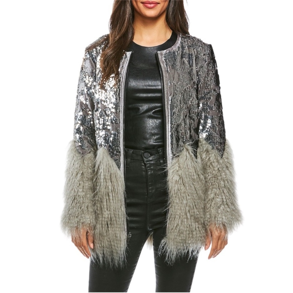 Fabulous Furs by Donna Salyers – Sequin Faux Fur Trim Jacket – Gray – Sz. XS